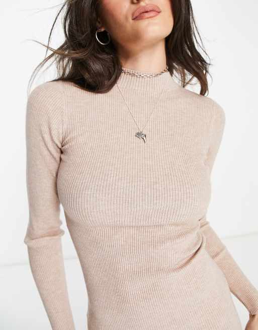 Bershka high neck knitted mini dress in sand | ASOS