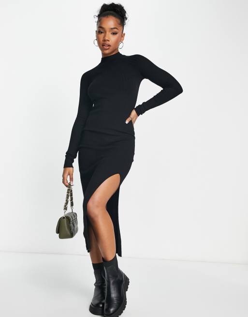 Bershka high neck knitted rib midi dress in black | ASOS