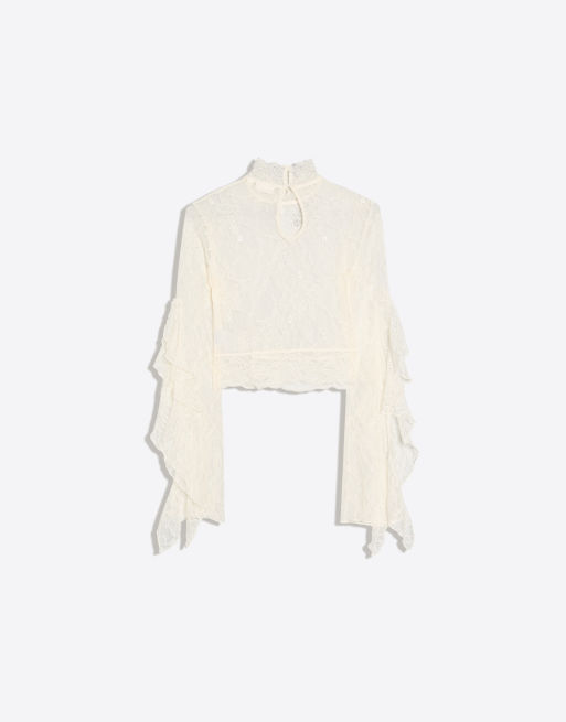 Bershka High-neck lace t-shirt with frill sleeves in ecru, 5 of 5