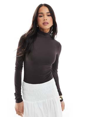 Bershka High Neck Long Sleeve Bodysuit In Brown
