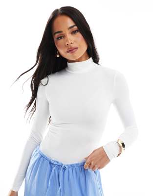 Shop Bershka High Neck Long Sleeve Bodysuit In Neutral