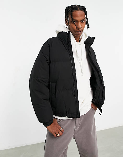 Bershka high neck nylon puffer jacket in black | ASOS