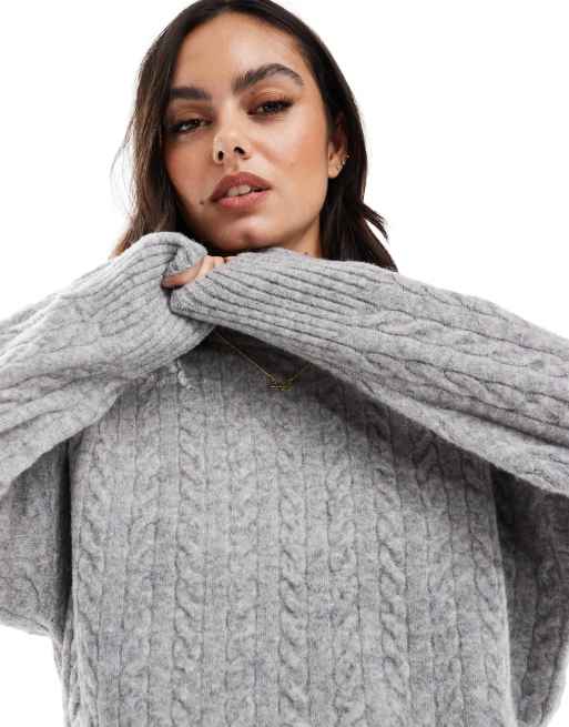 Bershka high neck oversized cable knit jumper in grey ASOS