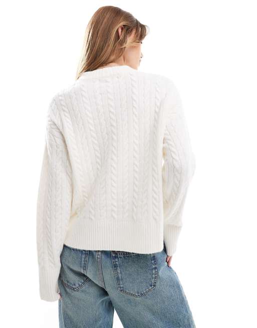 Bershka high neck oversized cable knit sweater in ecru | ASOS