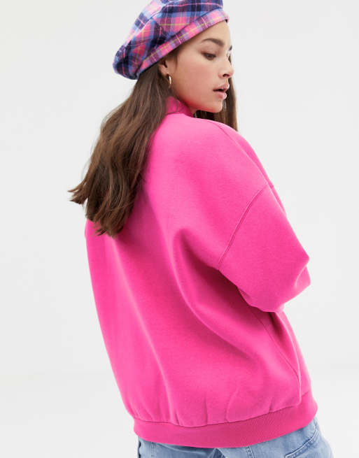 Bershka high neck oversized sweater in neon pink