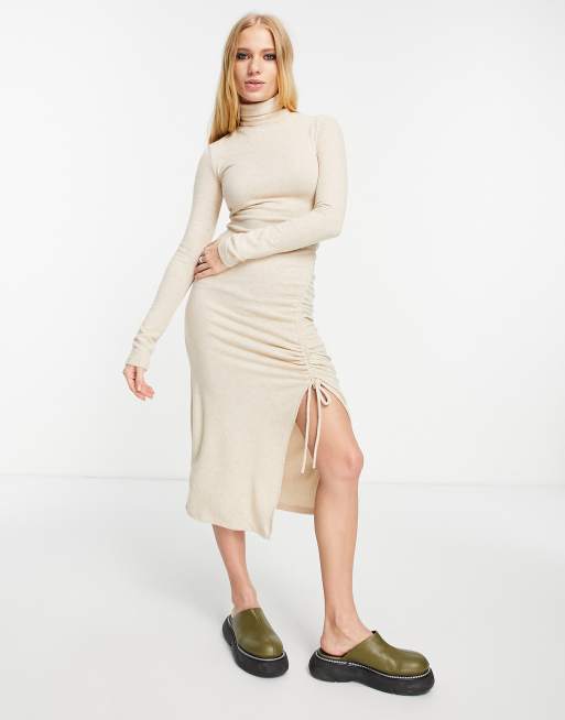 Bershka high neck ruched detail midi dress in sand