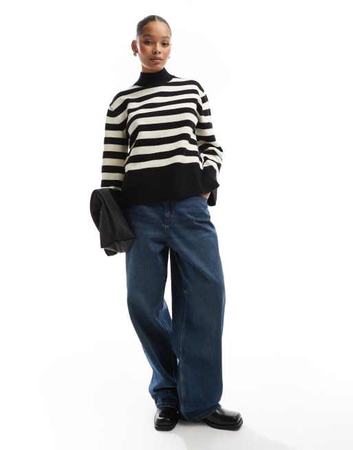 Bershka high neck striped sweater in black | ASOS