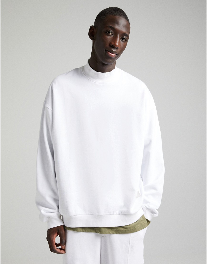 Bershka high neck sweatshirt in ecru-White