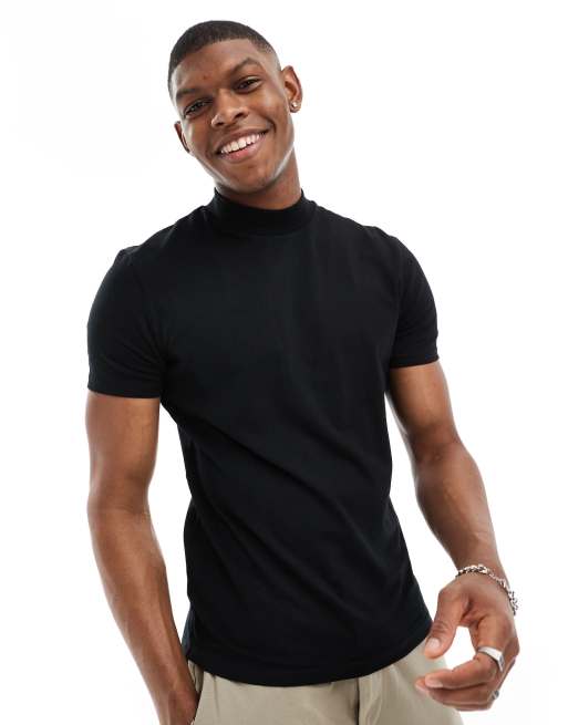 Bershka high neck t-shirt in black