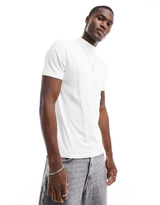 Bershka high neck t shirt in white