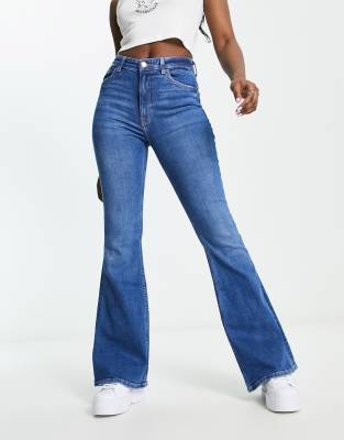 Bershka High Rise Flared Jeans In Mid Blue