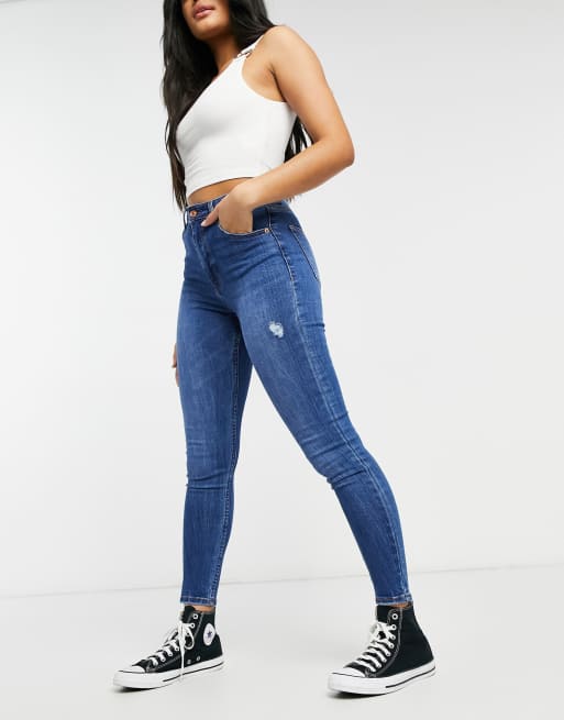 Bershka high rise skinny jean in medium blue | ASOS