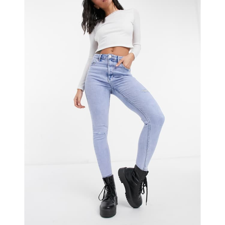 Bershka Super High Waist Distressed Skinny Jeans in Blue