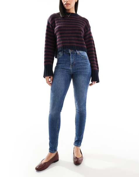 Bershka high rise skinny jeans in dark wash blue - view 1