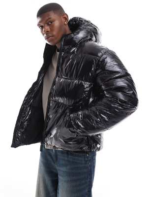 high shine puffer jacket with hood in black