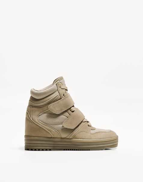 Bershka high top trainers with inner wedge in beige - view 1