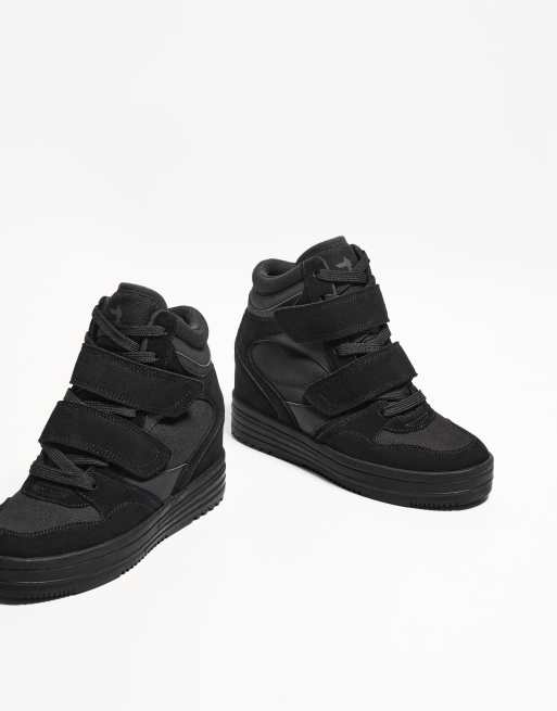 Bershka high top trainers with inner wedge in black 