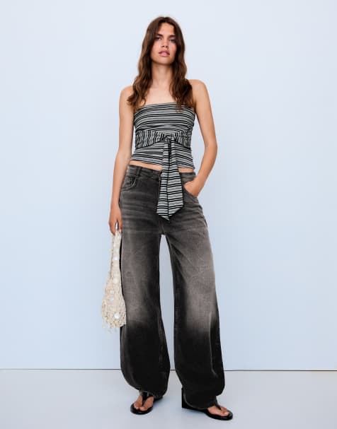 Bershka High-waist barrel jeans in black
