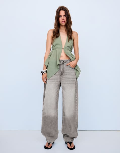 Bershka High-waist barrel jeans in light grey