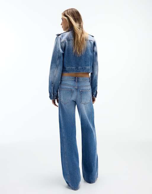 Bershka High-waist barrel jeans in mid blue, 3 of 6