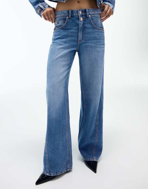 Bershka High-waist barrel jeans in mid blue, 4 of 6