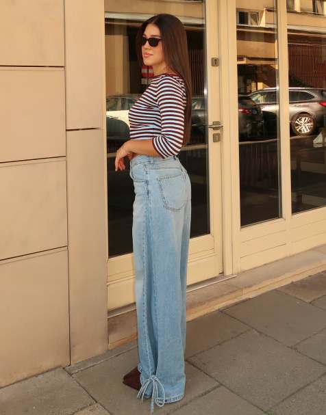 Bershka high-waist barrel jeans met strikbanden in middenblauw - view 1