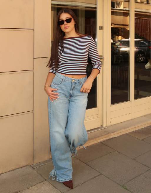 Bershka high-waist barrel jeans met strikbanden in middenblauw, 3 van 5