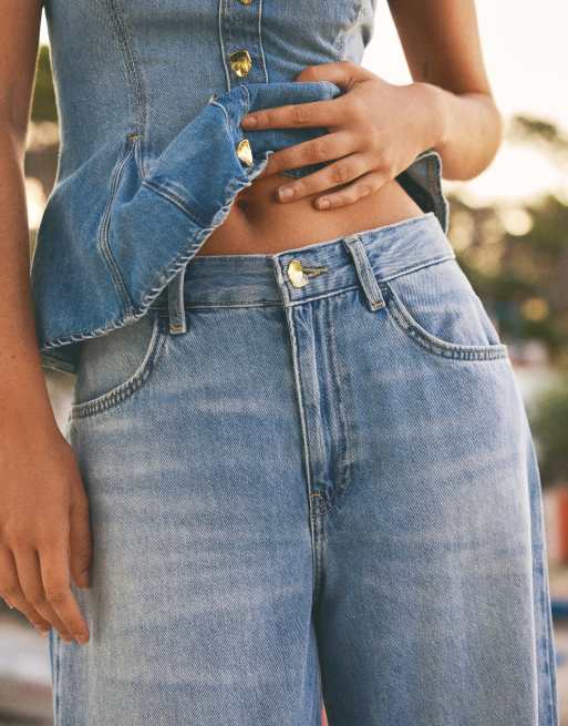 Bershka High-waist barrel jeans with ties in mid blue, 4 of 5