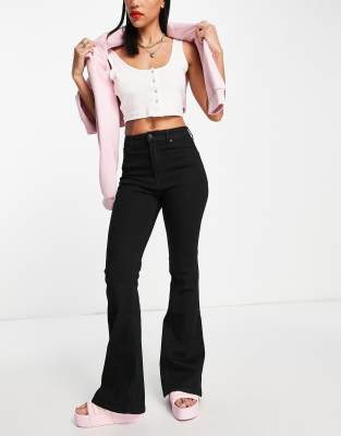 Bershka Petite High Waisted Flared Jeans In Black In Black