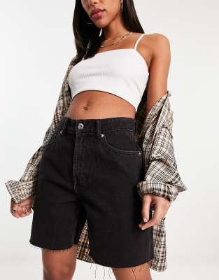 high waist raw hem longline denim jorts in black