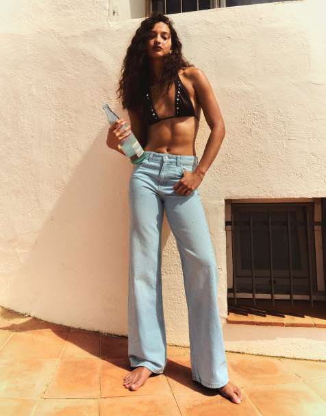 Bershka High-waist shimmery straight-leg jeans in light bue - view 1