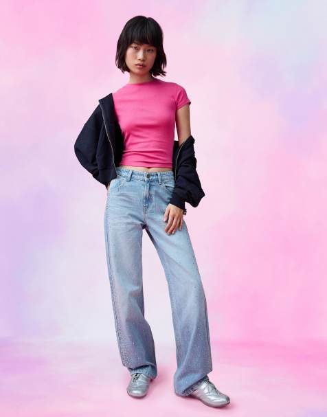 Bershka High-waist shimmery straight wide-leg jeans in mid blue - view 1