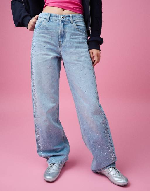 Bershka High-waist shimmery straight wide-leg jeans in mid blue, 4 of 4