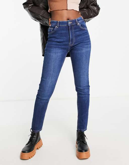 Bershka skinny push up jean with knee rip in dark blue wash