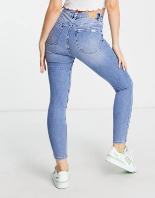 bershka super high waist skinny jean in mid blue