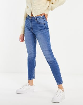 Bershka Petite High Waist Skinny Jean In Medium Blue In Blue