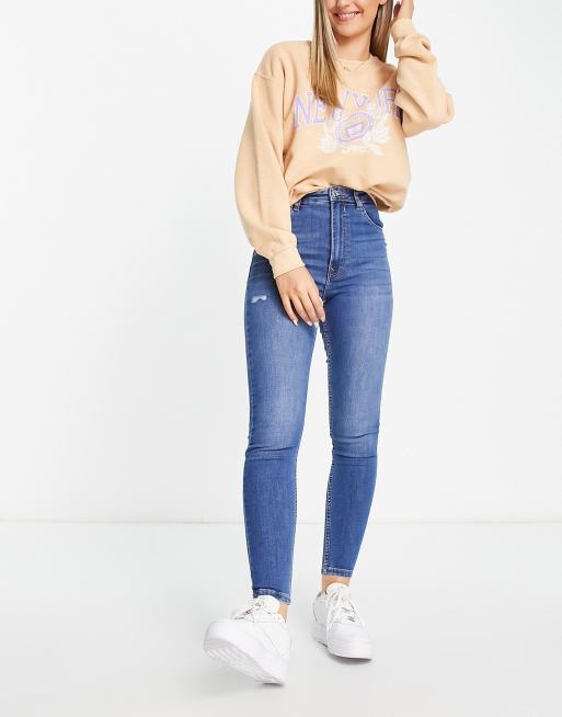 Bershka high waist ankle length skinny jean in mid blue