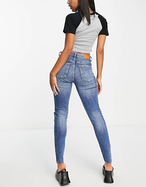 Jeans Bershka high waist skinny jeans with rip detail in medium stone 