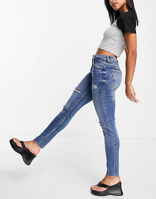 Jeans Bershka high waist skinny jeans with rip detail in medium stone 