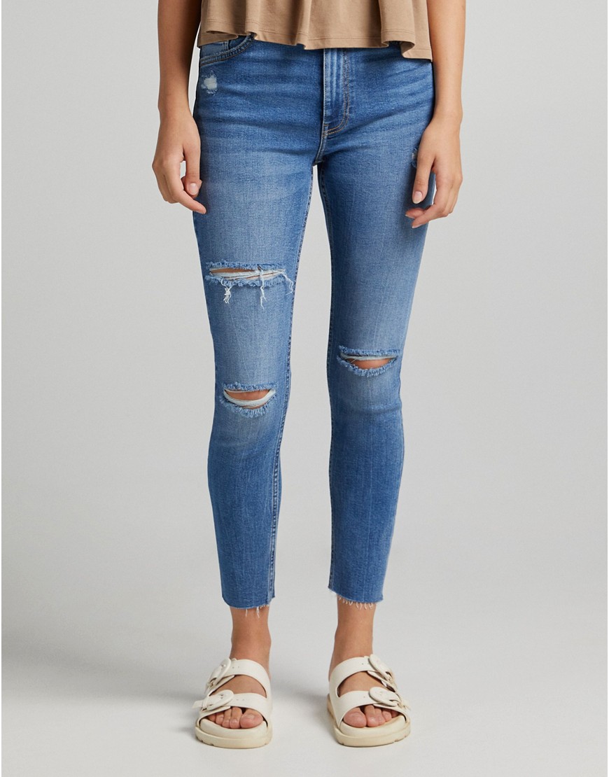 Bershka high waist skinny jeans with rip detail in medium stone-Blues