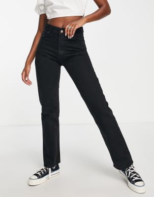 Bershka High Waist Straight Jean In Blue-black In Black