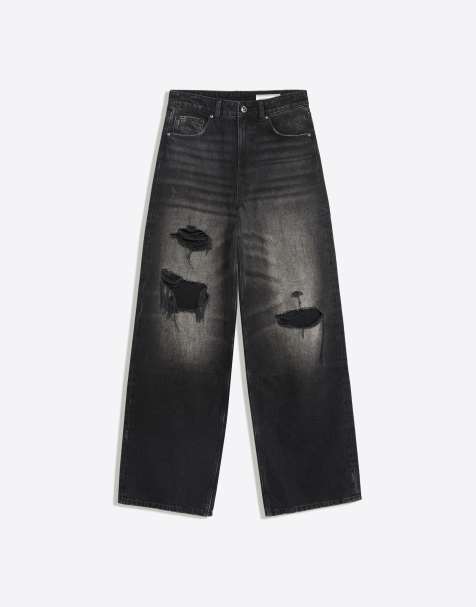 Bershka High-waist wide-leg ripped jeans in black - view 1
