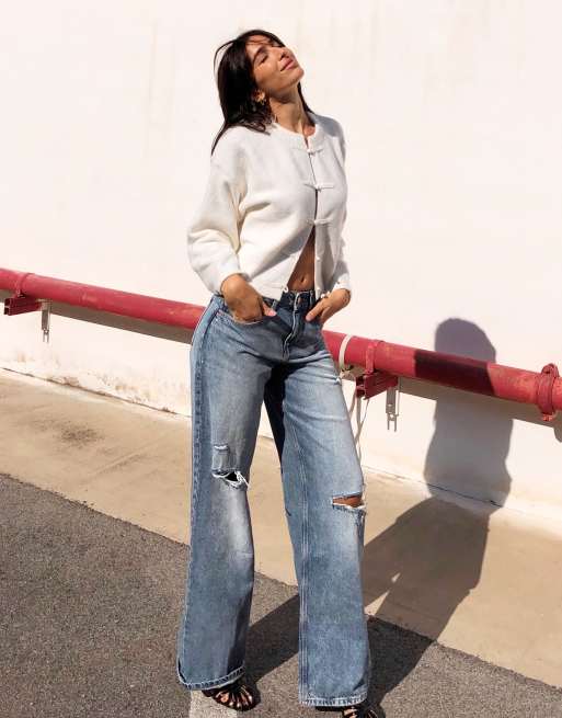 Bershka High-waist wide-leg ripped jeans in blue, 4 of 5