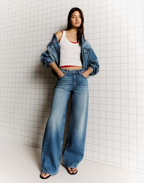 Bershka High-waist wide straight-leg jeans in mid blue - view 1