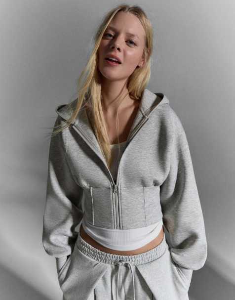 Bershka High-waist zip-up hood sweatshirt in light grey