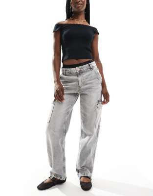 high waisted cargo jeans in washed gray