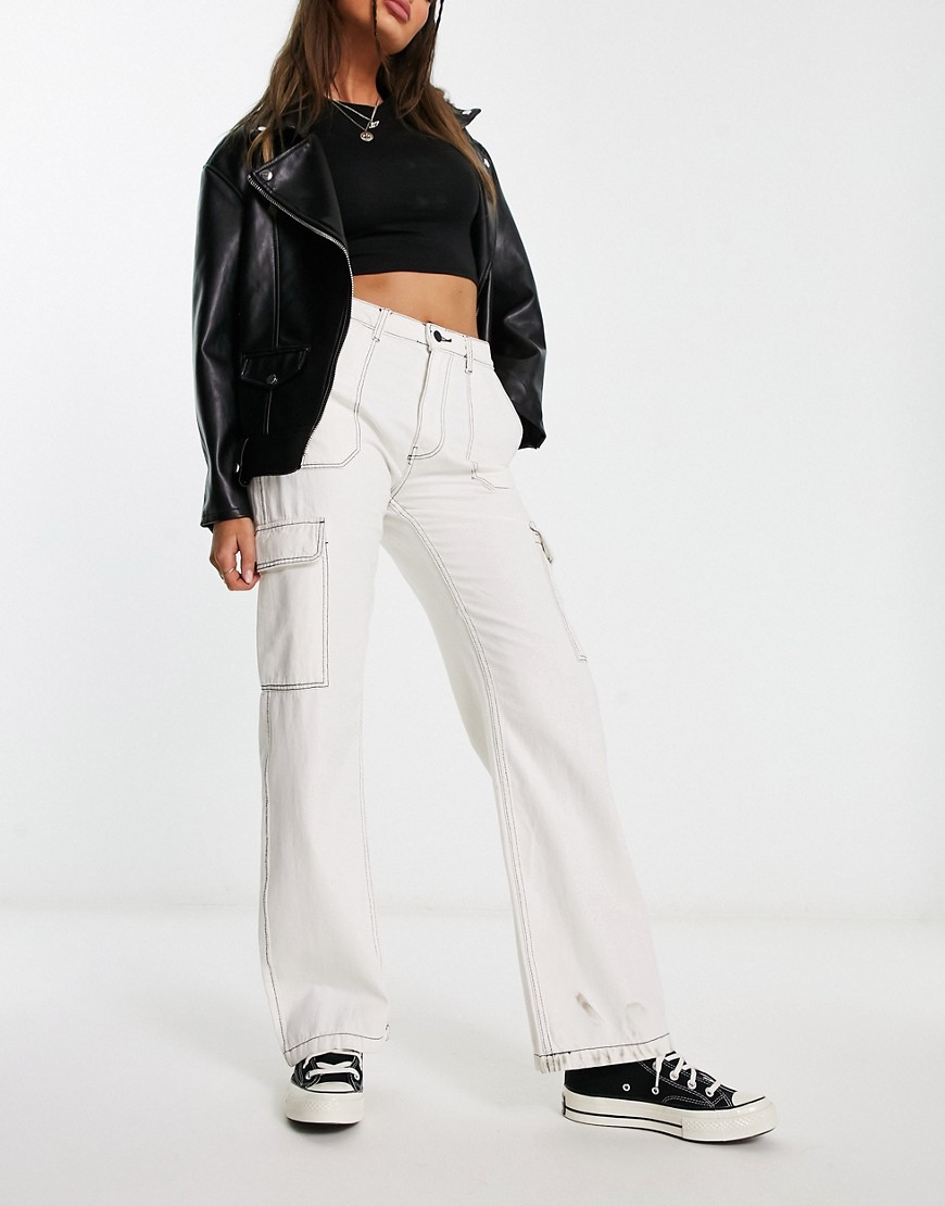 Bershka high waisted contrast stitch baggy cargo jeans in white