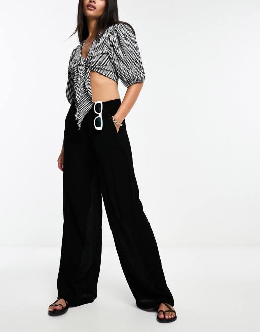 Bershka high waisted crinkle trousers in black