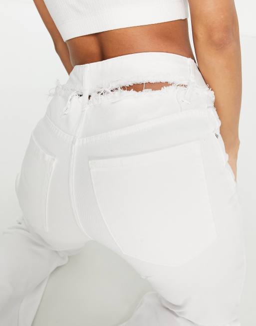 Bershka high waisted cut out straight leg jeans in white