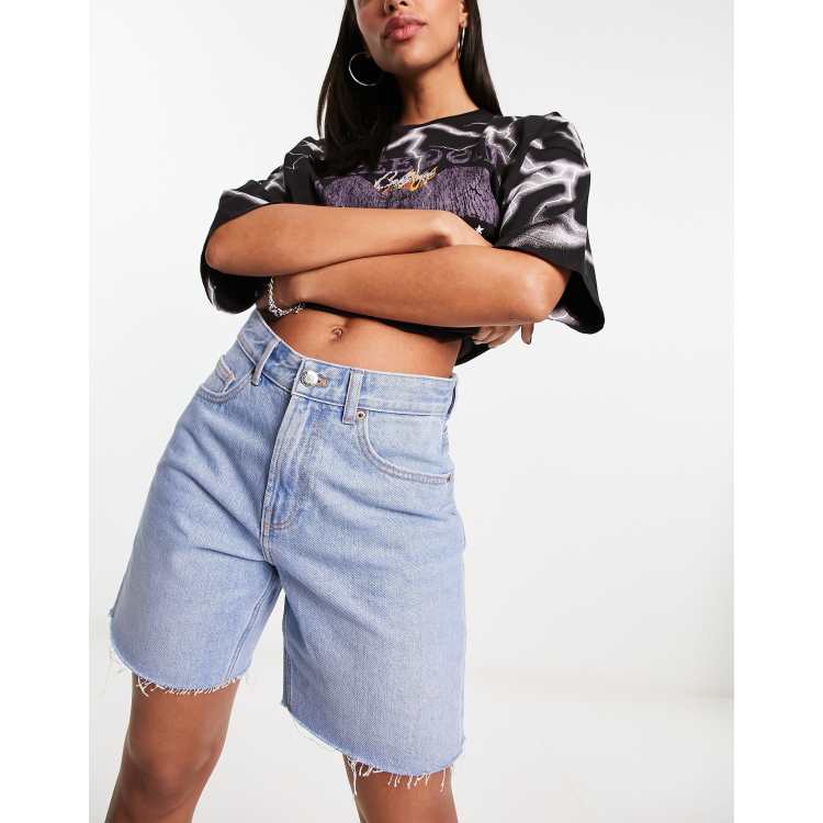 Checkered Skinny Denim Shorts - Light Wash